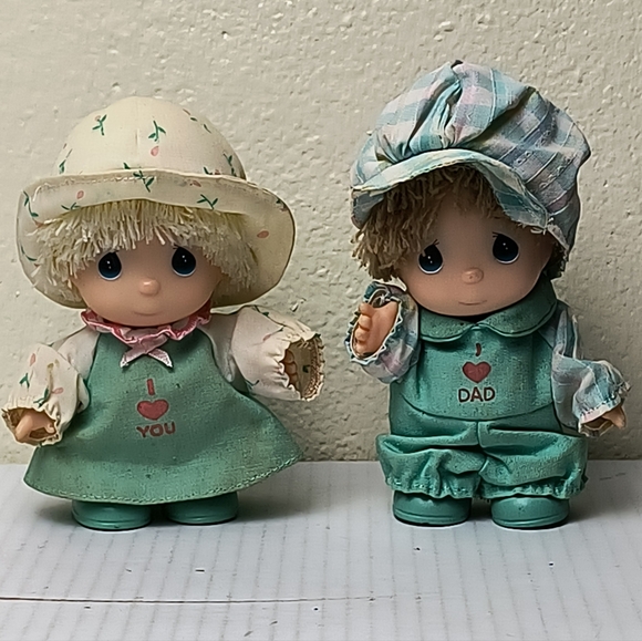 Precious Moments I Love You and Dad Doll Pair in Green Vintage 1988